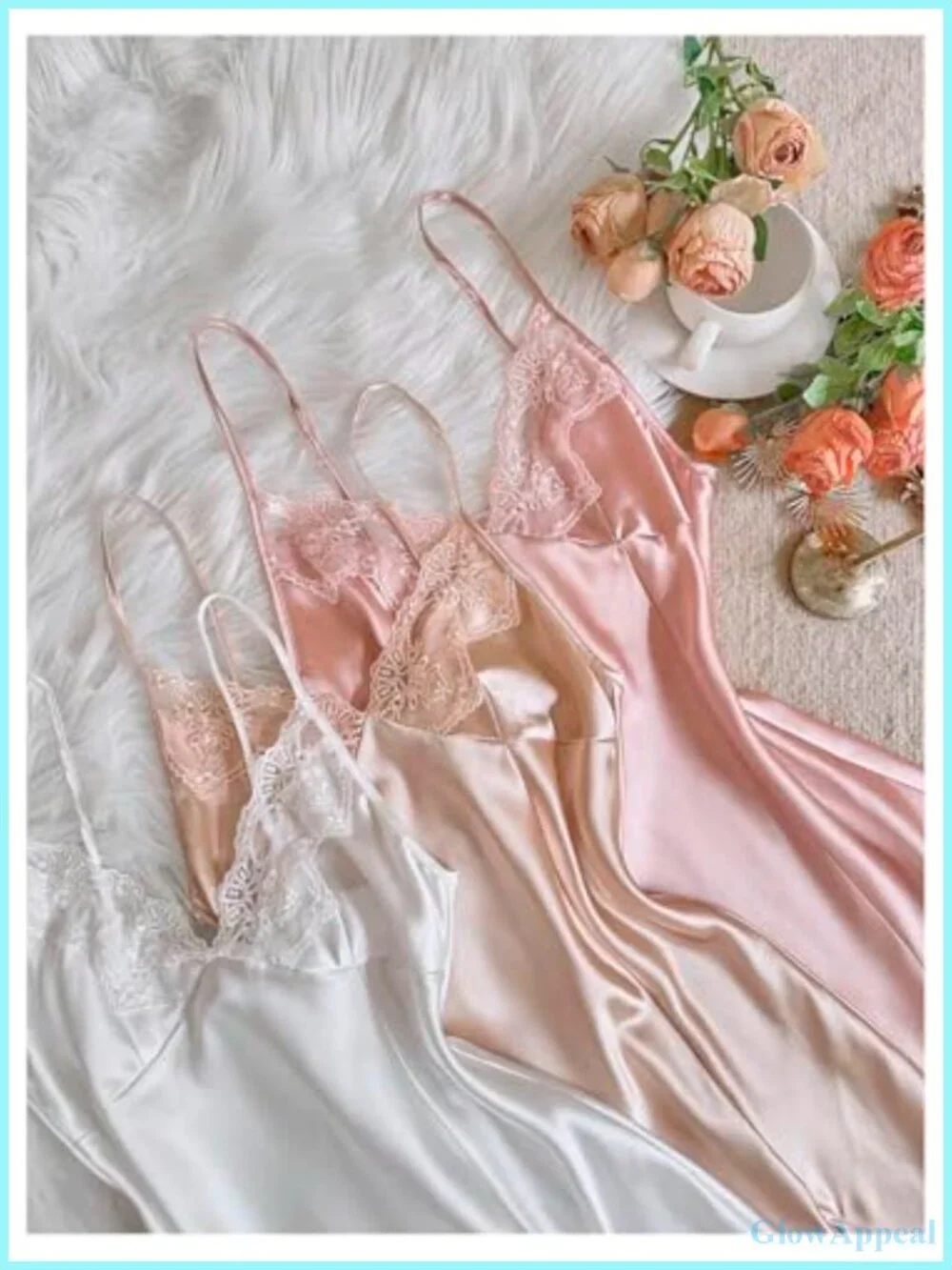 3 Pack Satin Nightgowns Lace Trim Spaghetti Strap V Neck Slip Dress Sleepwear